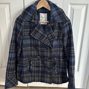 Aeropostale Women's Blue/Gray Plaid Wool Blend Double-Breasted Peacoat- Size M